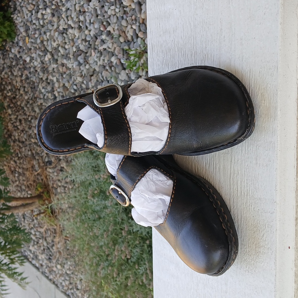 Born Black Leather Slip-On Mules with Silver Buckle
